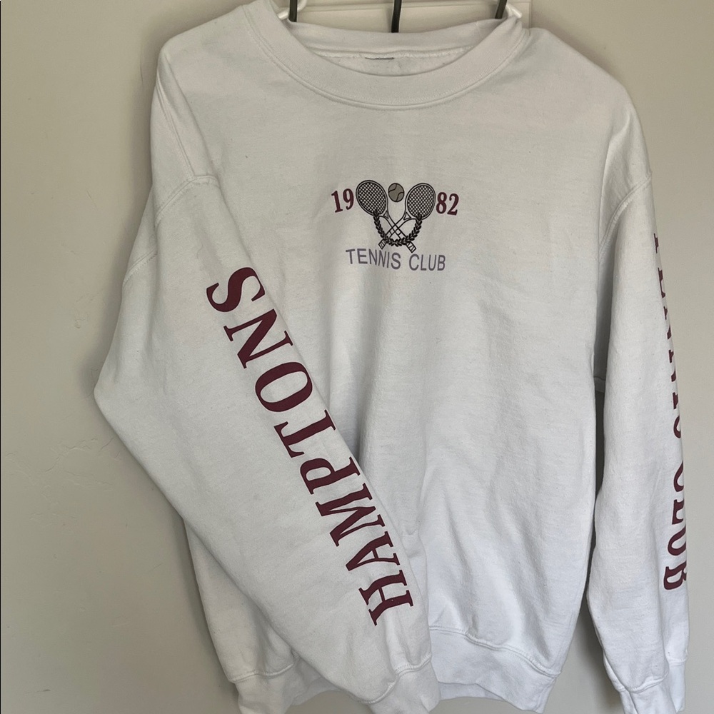 White Crewneck Sweater with Maroon Tennis Graphic